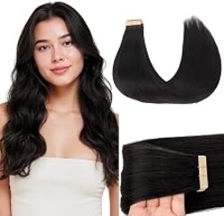 GOO GOO Tape in Hair Extensions Human Hair, 1B Natural black, 24inch 50g 20pcs, Skin Weft Seamless Invisible, Silky Straight with Thick Ends, Remy Human Hair