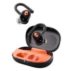Skullcandy Push Play Active Wireless Earbuds, Bluetooth Headphones, Noise Isolating Fit, 34 Hrs Battery, Secure-Fit Over-Ear Hanger, Sweat Water Resistant, Microphone for iPhone Android - Black/Orange