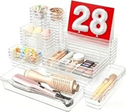 A-LuGei 【Military Grade】 Drawer Organizer,【𝟱𝗦𝗶𝘇𝗲】 Makeup organizer,【Holds 177 Items】 Bathroom Organizers and Storage,Organization and Storage,Desk Drawer Organizer for Vanity【Clear】