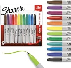Sharpie Permanent Markers, Fine Tip, 12 Count - Quick Drying, Fade Resistant, Arts & Crafts, Desk, Office Supplies