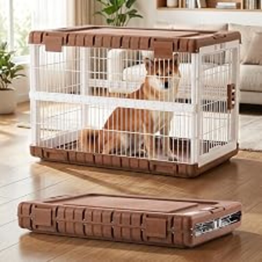 ZOMISIA Collapsible Dog Crate for Large Dogs - 36" L Heavy Duty Dog Kennel No Tools Required with 4 Sides Steel Foldable Cage for Dogs Indoor, Portable Carrier with 2 Smooth Wheels, Woodgrain