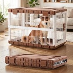 ZOMISIA Collapsible Dog Crate for Large Dogs - 36" L Heavy Duty Dog Kennel No Tools Required with 4 Sides Steel Foldable Cage for Dogs Indoor, Portable Carrier with 2 Smooth Wheels, Woodgrain