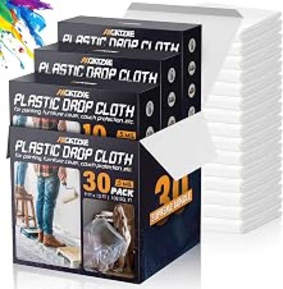 12 x 9 Ft Plastic Drop Cloths for Painting (30-Pack) | Plastic Painter's Sheeting & Tarps for Painting Supplies, Waterproof & Dust-proof Furniture/Couch/Floor Protection Cover