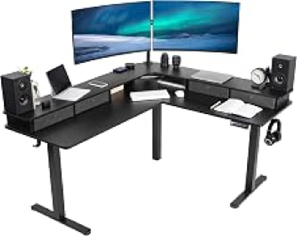VIVO Black 63 x 55 in Corner Standing Desk, DESK-E3CVB | Electric, 2-Tier, Holds 225 lbs, L-Shaped, Sit Stand, Height Adjustable, Memory Presets, Black Frame, Dark Gray Drawers