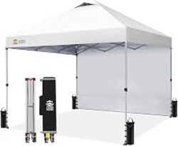 CROWN SHADES 10x10 Pop Up Canopy with 1 Side Wall, Beach Canopy Tent, White | One Push Setup Shelter, Outdoor Gazebo & Sun Shade for Events, Parties, Camping, 150D Silver-Coated Fabric, STO-N-Go Bag