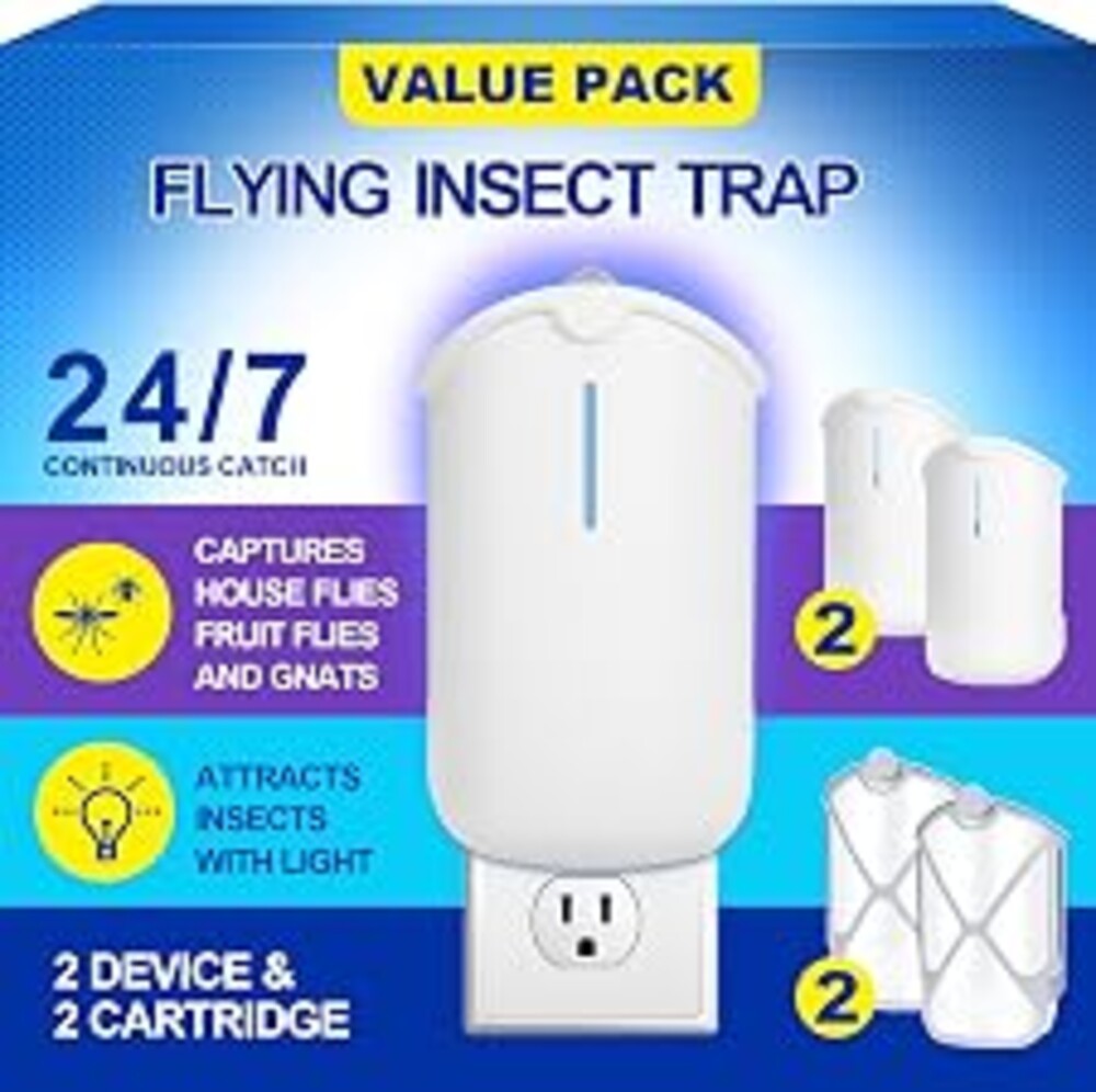 2 Flying Insect Traps & 2 Cartridges - Compatible with Refills | Plug in Fruit Fly Trap for Indoor - Bug Catcher for Gnats, House & Fruit Flies - Use in Any Room (2 Device & 2 Cartridges)