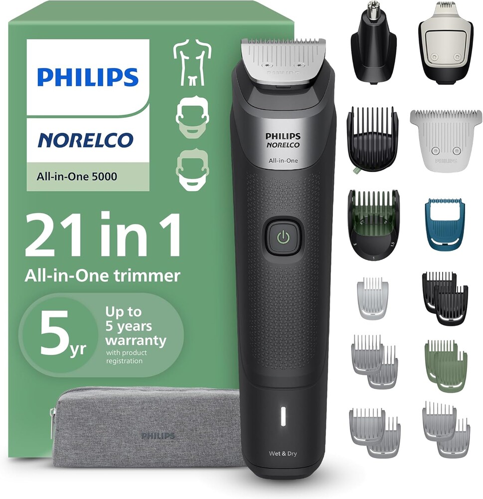 Norelco Philips All-in-One 21-Piece Trimmer 5000 Series - Electric Shaver and Clipper for Face, Beard, Hair & Body, Self-Sharpening Titanium Blades, 22 Length Settings (0.5-16 mm), MG5995/40