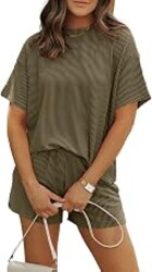 MARZXIN Women 2 Piece Short Set with Vertical Stripes Summer Cruise Outfits | 2026 Short Sleeve Postpartum Maternity Matching Set Daily Wear Vacation Travel Airport Outings Pocket