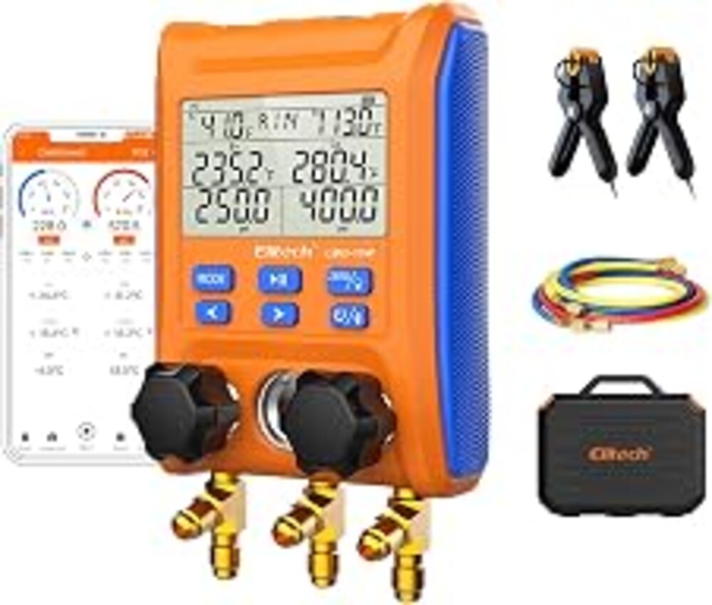 Elitech LMG-10W Wireless HVAC Manifold with Data Logging | Bluetooth remote monitoring, Mobile app integration, Refrigerant Hoses, Temperature Clamps