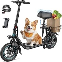 AWWSCOOTER C1 Electric Scooter with Seat & Basket for Adults, Classic Black | Foldable | 450W Motor | 9/12/16 MPH 3 Speeds | Dual Disc Brakes | Up to 20-Mile Range | UL 2272 | Phone Holder & Lock