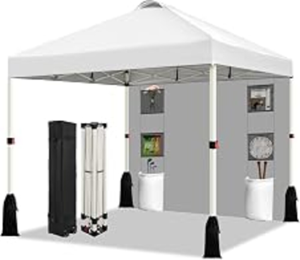 WEIZE 10x10 Pop Up Canopy Tent, 1-Button Push Setup Canopy Tent with 1 Sidewall, Adjustable Height Instant Portable Shelter, Portable Roller Bag,Easy Outdoor Sun Shade for Events,4 Weight Bags,White
