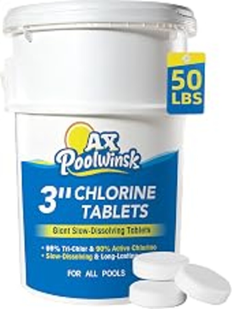 AX Poolwinsk 3 Inch Chlorine Tablets 50 lbs, 99% Trichlor, 90% Available Chlorine, Slow Dissolving Stabilized Pool Sanitizer, Kills Bacteria & Controls Algae for Swimming Pools - 50 Pound