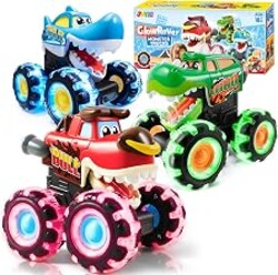 JOYIN 3 Pack Monster Truck Toy - Motion Activated Light Up Cars for Toddlers - Monster Glow Rover LED Wheels - Baby Boy Toys - Press and Go Dinosaur Trucks for Kids Boy Birthday Gifts