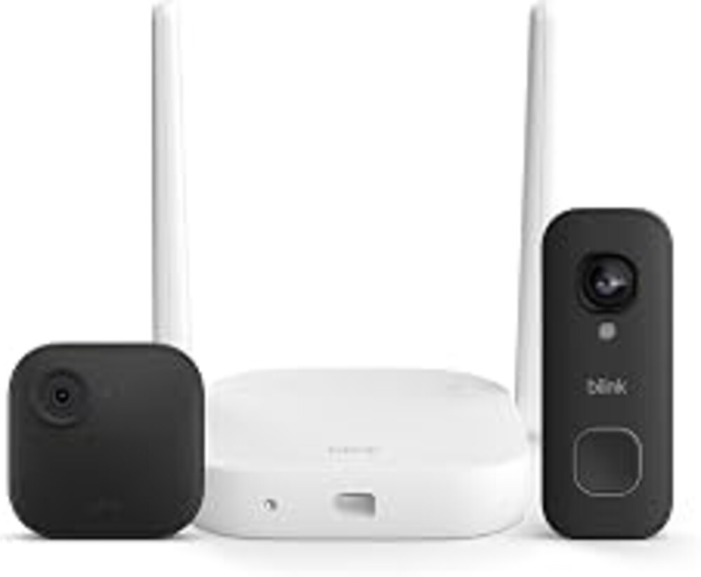 Blink Outdoor XR+ and Wired Doorbell 2K+ — Extended range wireless Outdoor 4 camera and 2K hardwired doorbell. Sync Module XR+ included — 1 camera system + doorbell