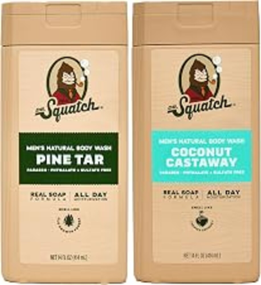 Dr. Squatch Natural Men's Body Wash Shower Gel - Cleansing, Nourishing, Long Lasting Scent, Moisturizing Body Wash for Men - Pine Tar + Coconut Castaway (14 oz, 2-Pack)