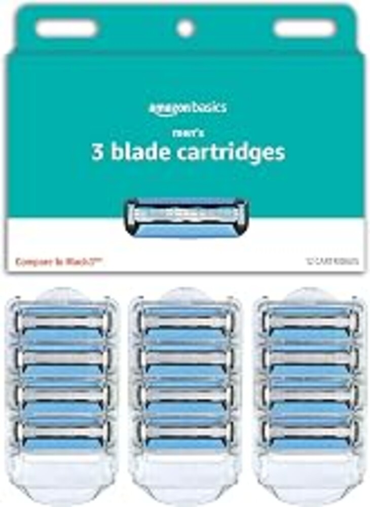 Amazon Basics 3-Blade Razor Refills for Men with Dual Lubrication, 12 Cartridges (Fits Amazon Basics Razor Handles only) (Previously Solimo)