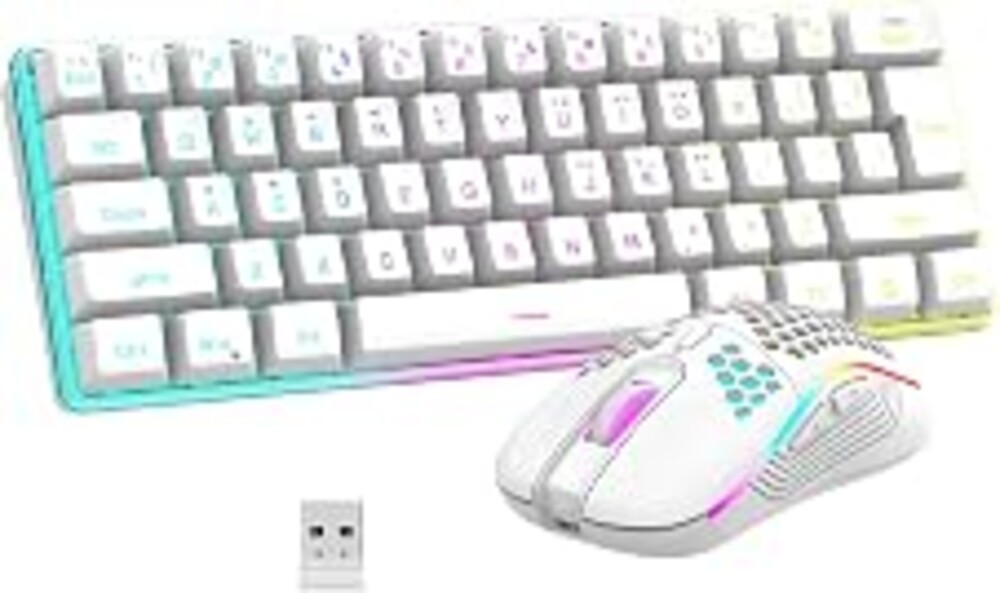 RedThunder 60% Wireless Gaming Keyboard and Mouse Combo, 2500mAh Rechargeable Battery, Ultra-Compact Small RGB Mechanical Feel Keyboard, Lightweight Honeycomb Optical Mouse for Gaming/Business, White