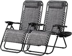 Nazhura Set of 2 Relaxing Recliners Patio Chairs Adjustable Steel Mesh Zero Gravity Lounge Chair Beach Chairs with Pillow and Cup Holder(Grey)