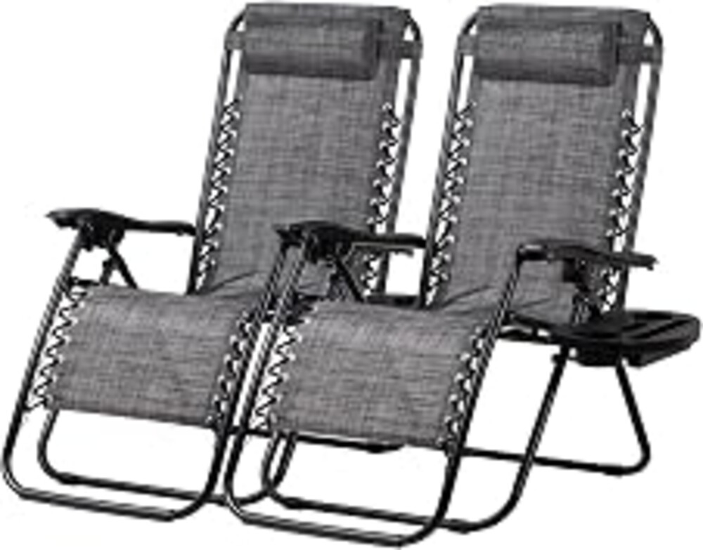 Nazhura Set of 2 Relaxing Recliners Patio Chairs Adjustable Steel Mesh Zero Gravity Lounge Chair Beach Chairs with Pillow and Cup Holder(Grey)