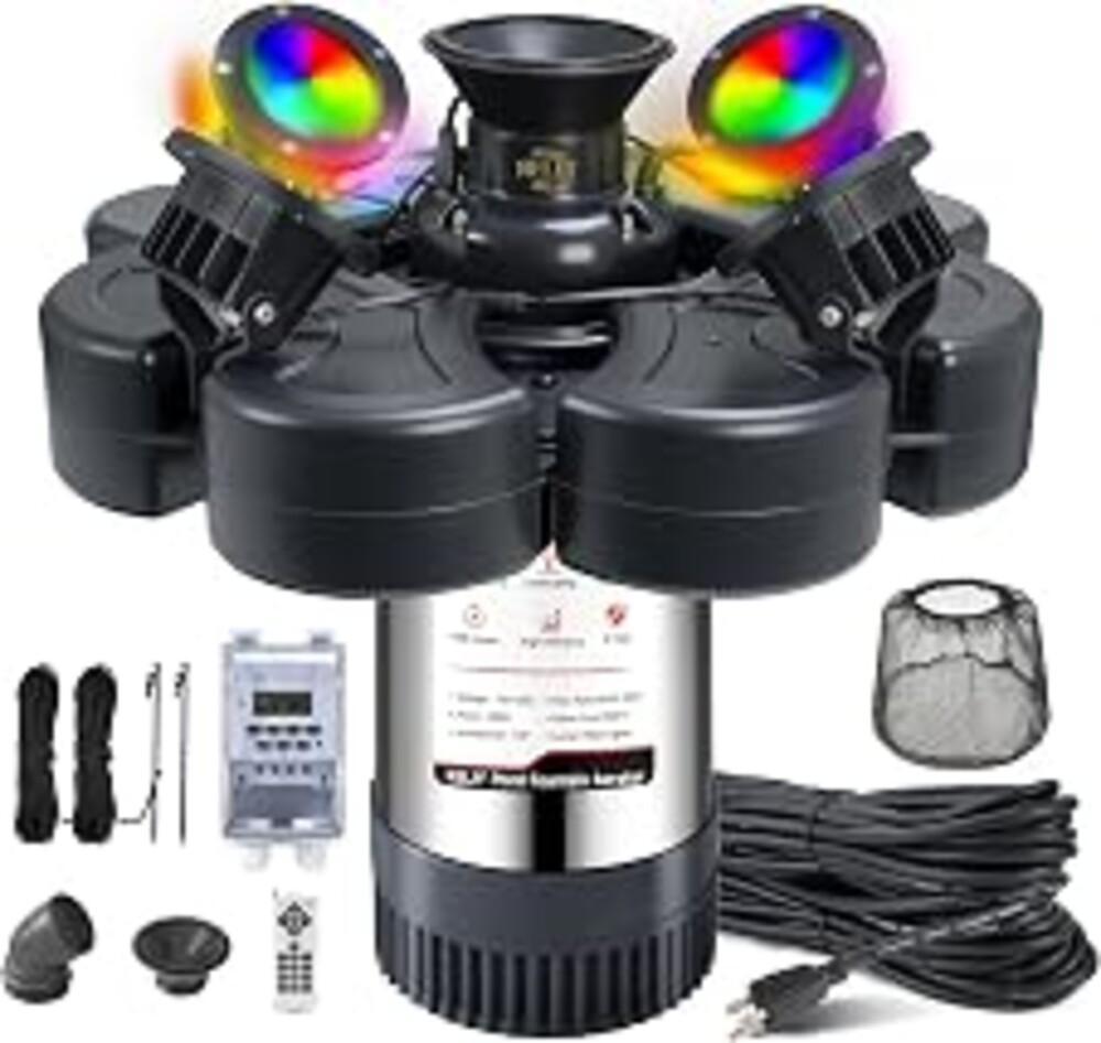 RELIY Pond Fountain Aerator, With 4 RGB Lights 1HP 110V 15000 GPH Stainless Steel Fountain Pump, Fully Automatic Powerful Lake Floating Fountain, 100 FT Power Cord, Programmable Timer Switch