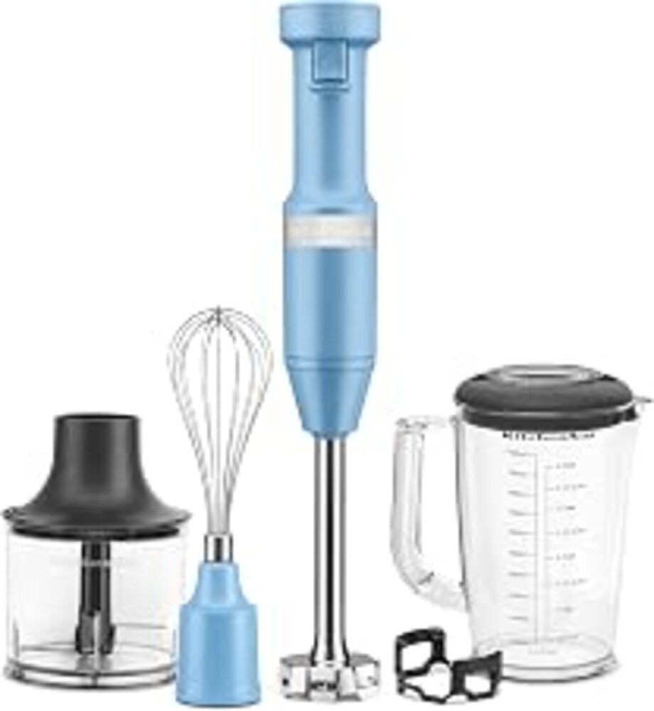 KitchenAid Variable Speed Corded Hand Blender with Attachments, KHBV83 | Includes Blending Pitcher, Whisk, And Chopper Attachments, Removable 8" Blending Arm, Variable Speed Trigger, Blue Velvet