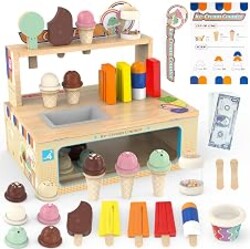 WOODMAM Foldable Wooden Ice Cream Toy, Pretend Play Food Store for Kids | Ice Cream Counter with Storage, 52 Pcs Kitchen Playset Fake Money & Menu, Birthday Gift for 3 4 5 6 Year Old Girls Boys