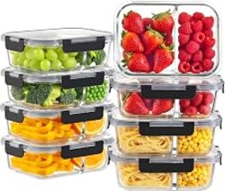 8 Pack 2 Compartment 30oz Borosilicate Glass Meal Prep Containers with Lids | Glass Food Storage Containers Set, Airtight Lunch Bento Boxes, BPA-Freefree & Leak proof, Dishwasher Freezer, Oven Safe