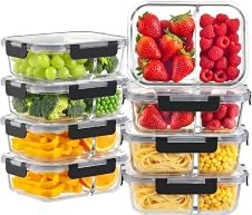 8 Pack 2 Compartment 30oz Borosilicate Glass Meal Prep Containers with Lids | Glass Food Storage Containers Set, Airtight Lunch Bento Boxes, BPA-Freefree & Leak proof, Dishwasher Freezer, Oven Safe