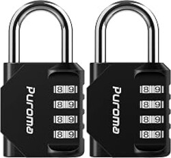 Puroma 2 Pack Combination Lock Locker 4 Digits Combo Padlock Gym Black | For School Gate Fence Toolbox Hasp Storage, Outdoor, Resettable, Weatherproof, Side Window, Crack Cut Resist, Hardened Steel