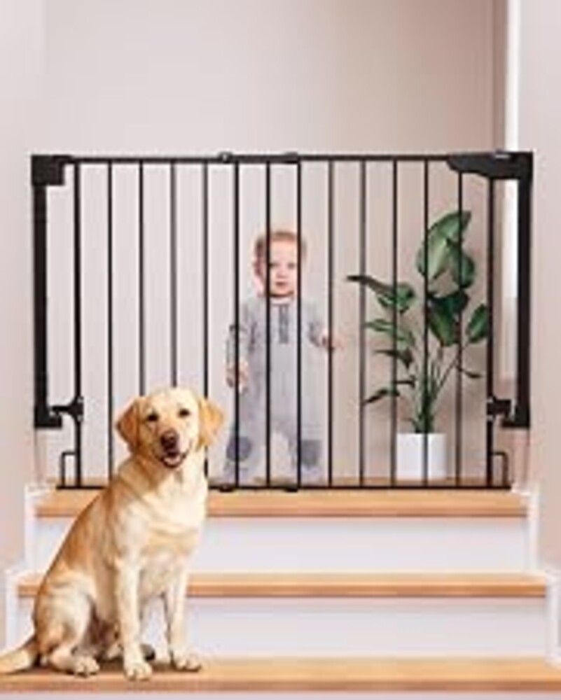 Cumbor 29.2–43" No Bottom Bar Baby Gate for Stairs, Expandable Dog Gate | Hardware Mounted (Drill Required), Auto Close Pet & Toddler Proof with Wide Walk Thru Door, Top & Bottom of Stairways(Black)