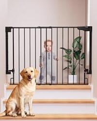 Cumbor 29.2–43" No Bottom Bar Baby Gate for Stairs, Expandable Dog Gate | Hardware Mounted (Drill Required), Auto Close Pet & Toddler Proof with Wide Walk Thru Door, Top & Bottom of Stairways(Black)