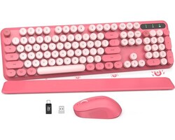 Wireless Keyboard and Mouse Combo - Round Keycaps, Full-Size Retro Typewriter Keyboard with Detachable Wrist Rest, Sleep Mode & Tilt Legs, 2.4GHz Cordless Connection for Mac/Windows/PC (Hot Pink)