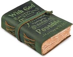 LEATHER VILLAGE Leather Bound Vintage Bible Journal – 200 Pages - Green | Handmade Christian Embossed Prayer Journal for Men & Women – 200 GSM Antique Deckle Edge Watercolor Paper - 7X5 inches