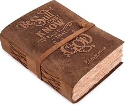 LEATHER VILLAGE Vintage Leather Journal with Psalm 46:10 Bible Verse Embossed Christian Prayer Journal for Women & Men – 200 Pages Handmade Cotton Deckle Edge Watercolor Paper-Vintage Brown-13X8 inches