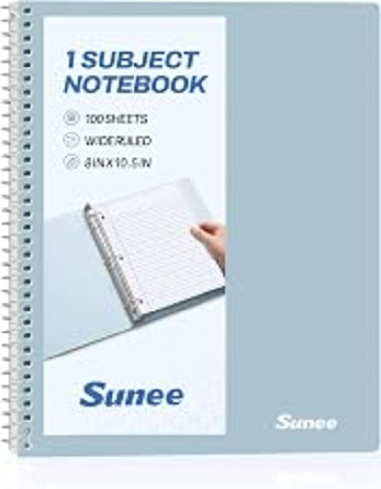 SUNEE Spiral Notebook, 1-Subject, Wide Ruled Paper, 8" x 10-1/2", 100 Sheets per Notebook, 3-Hole Punched Paper, Water Resistant Cover, Double-sided Pockets, Grey Blue