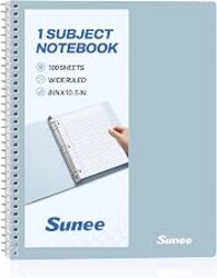 SUNEE Spiral Notebook, 1-Subject, Wide Ruled Paper, 8" x 10-1/2", 100 Sheets per Notebook, 3-Hole Punched Paper, Water Resistant Cover, Double-sided Pockets, Grey Blue