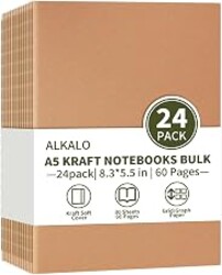 24 Pack A5 Grid Kraft Notebooks Bulk, 8.3x5.5 Inches, Journaling Notebooks | A5 Graph Paper Notebook, 30 Sheets/60 Pages, Travel Journal Notebooks Set for Work, School, Writing