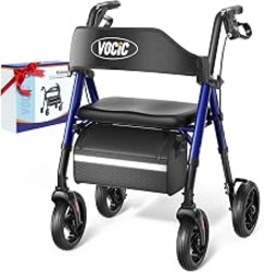 VOCIC Z21 Rollator Walker for Seniors with Seat, 8" All Terrain, 350 LBS | Lightweight Foldable & Dual Height Adjustable for Seniors, Ergonomic Arc Seat&6" Ultra Backrest Provide Comfort, Blue