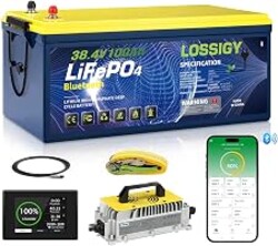 LOSSIGY 36V Lithium Golf Cart Battery, 36 Volt 100Ah LiFePO4 Battery with 25A Lithium Charger, Perfect for Golf Carts,Trolling Motors, Marine, Built in 200A BMS,Peak Current 1000A