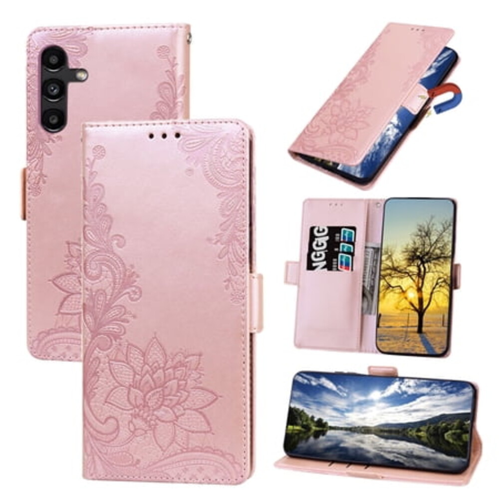 Allytech Galaxy A13 5G Phone Case, Embossed Flower Premium PU Leather Drop Protection Folio Flip Stand Wrist Land Magnetic Wallet Cover Case for Samsung Galaxy A13 5G 6.5", Rosegold