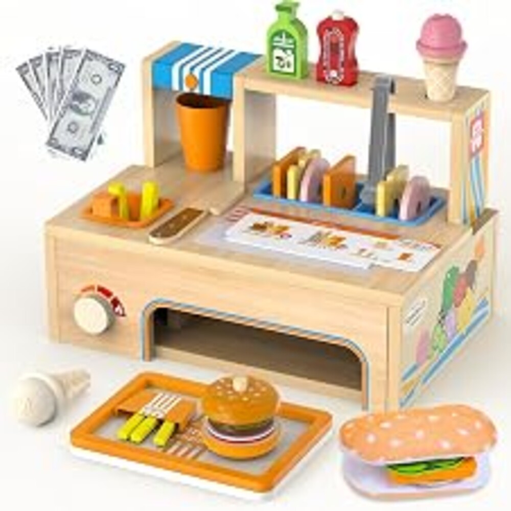 WOODMAM Foldable Wooden Kids Play Food Toys Sandwich Counter with Storage | 56 Pcs Pretend Play Kitchen Food Toy, Burger, Ice Cream, Fries, Play Money, Boys Girls Birthday Gifts for Toddlers Ages 3+