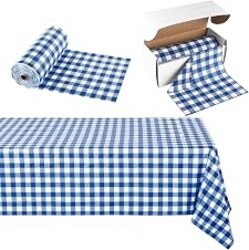Kochorie 54 Inch x 300 Ft Blue Checkered Plastic Table Cloth Roll Disposable Waterproof Table Cover Plastic Table Cover Roll with Easy Slide Cutter for Outdoor Picnic/Home Dining/Spring Party