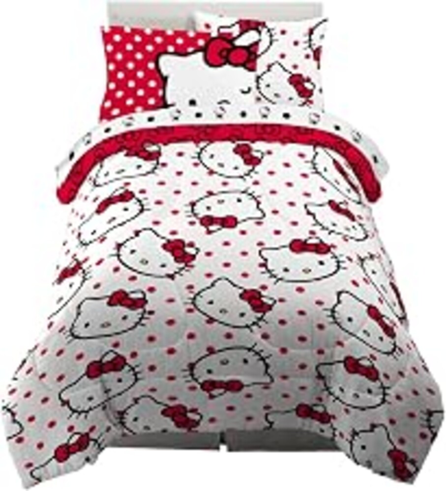 Hello Kitty Polka Dot Bedding 5 Piece Super Soft Comforter and Sheet Set with Sham, Twin, (Officially Licensed Product) by Franco Collectibles