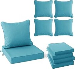 Summsun Faux Linen Outdoor Chair Cushions, Water Resistant Backrest and Deep Seat Cushion Set with Removable Cover, Straps, Non-Slip Bottom for Patio Furniture, 24 x 24 Inch, Teal, Set of 4