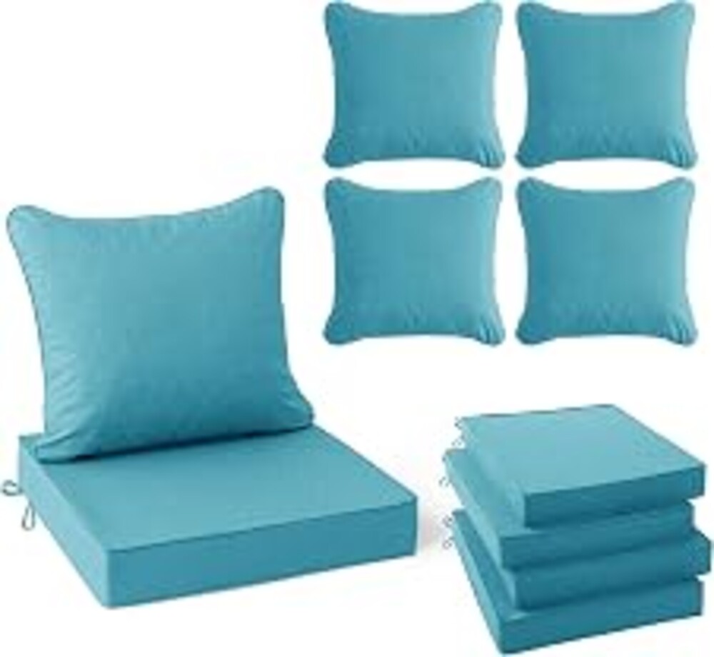 Summsun Faux Linen Outdoor Chair Cushions, Water Resistant Backrest and Deep Seat Cushion Set with Removable Cover, Straps, Non-Slip Bottom for Patio Furniture, 24 x 24 Inch, Teal, Set of 4
