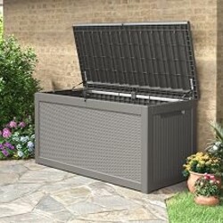 KAMABOKO 330 Gallon Outdoor Storage Box, Resin Large Deck Box Outdoor Waterproof Storage Bench with Lockable Lid for Patio Cushions, Garden Tools, Package Delivery, Pool Supplies, Grey