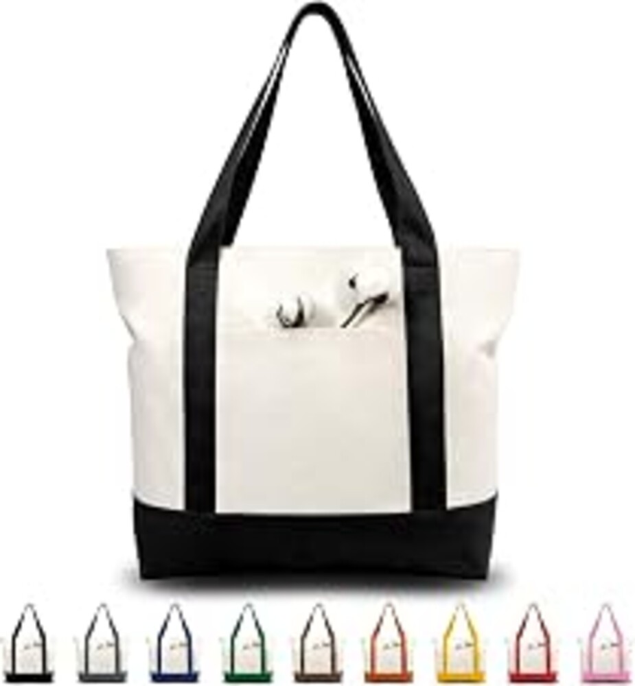 TOPDesign 1 | 3 | 6 | 30 Pack Canvas Tote Bag with an External Pocket, Reusable Grocery Shopping Bag, Top Zipper Closure, Daily Essentials (Black/Natural Pack of 1)