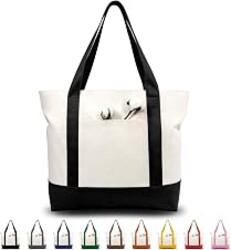 TOPDesign 1 | 3 | 6 | 30 Pack Canvas Tote Bag with an External Pocket, Reusable Grocery Shopping Bag, Top Zipper Closure, Daily Essentials (Black/Natural Pack of 1)
