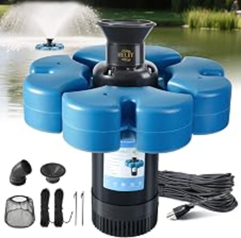 RELIY Pond Fountain Aerator, 1HP 110V 15000 GPH Fountain Pump, Fully Automatic Powerful Lake Floating Fountain, 100 FT Power Cord, 2x100 FT Traction Rope, Pond Fountains For Large Ponds