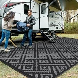 GENIMO Outdoor Rug, Waterproof Plastic Rugs 9'x18' for Camping Black Grey | Outside Larger Modern Carpet Mat for Patio Decor, RV, Porch, Camper, Deck, Picnic, Beach, Backyard, Reversible, Foldable